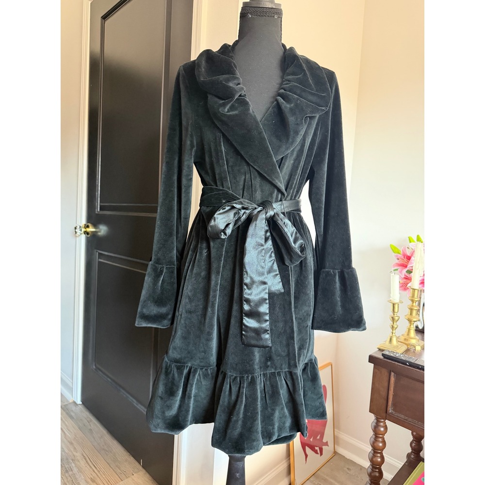 Betsey Johnson Vintage Black Velvet Ruffle Lace Robe Bell Sleeve Satin Bow M EUC